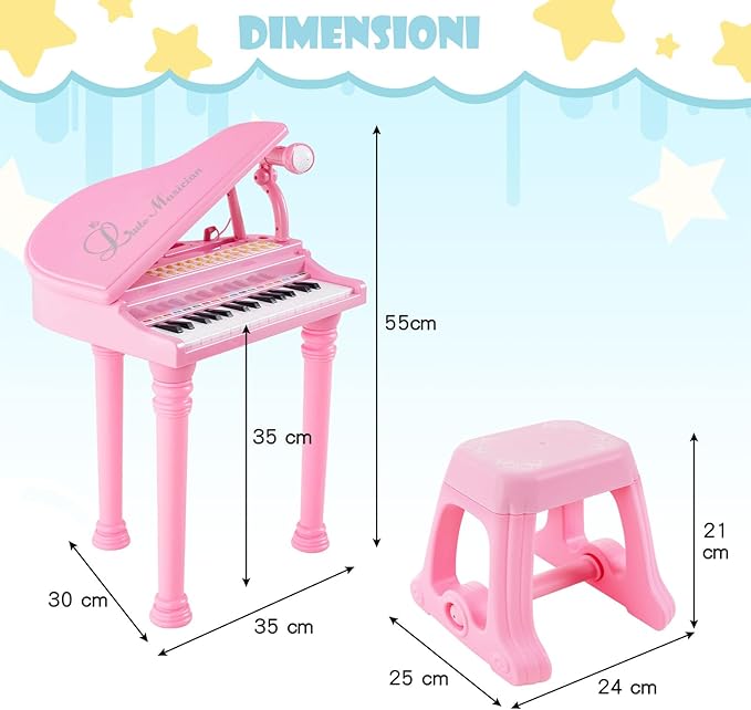 Tastiera Pianoforte a 31 Tasti con Microfono e Sgabello, Pianoforte Giocattolo Portatile con Modalità di Insegnamento a LED, Pianoforte a Coda per Bambini 3+ Anni (Rosa), 35 x 30 x 55 cm
