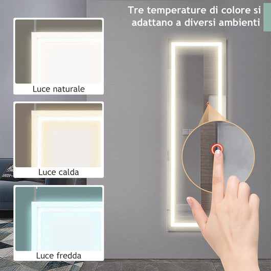 Specchio a Figura con Luci LED, Specchio sulla Porta o sul Muro, 3 Colori Luce Regolabile, Ideale per per Camera da Letto Salone Spogliatoio, 120x37cm, Bianco