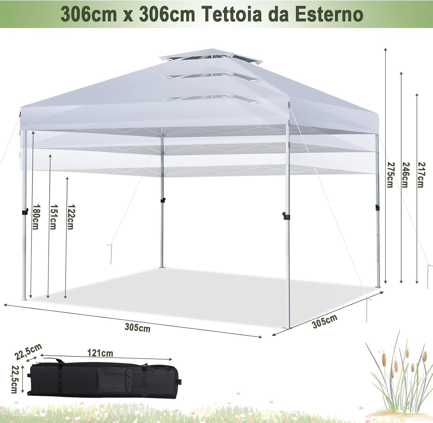 Gazebo Pieghevole da Giardino 3 x 3 m, Gazebo Pop Up Impermeabile con Telaio in Acciaio, Altezza Regolabile, Doppio Tetto e Borsa con Ruote, per Giardino Spiaggia Campeggio (Bianco)