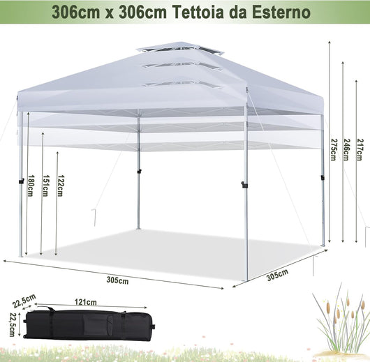 Gazebo Pieghevole da Giardino 3 x 3 m, Gazebo Pop Up Impermeabile con Telaio in Acciaio, Altezza Regolabile, Doppio Tetto e Borsa con Ruote, per Giardino Spiaggia Campeggio (Bianco)