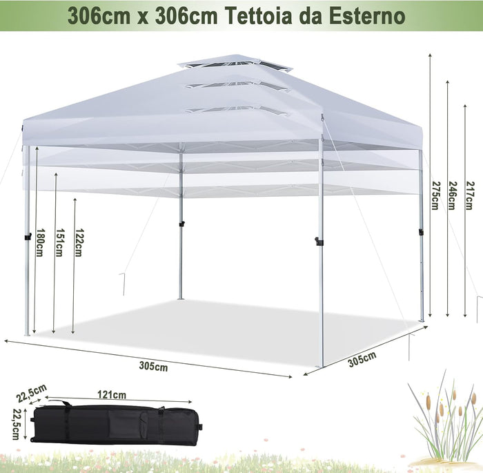 Gazebo Pieghevole da Giardino 3 x 3 m, Gazebo Pop Up Impermeabile con Telaio in Acciaio, Altezza Regolabile, Doppio Tetto e Borsa con Ruote, per Giardino Spiaggia Campeggio (Bianco)