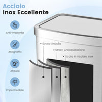 50L Cestino Automatico, Pattumiera Rettangolare con Sensore di Movimento Infrarosso, Coperchio a Chiusura Lento e Scatole di Carbonio Attivo, in Acciaio Inossidabile, 39x29,5x82 cm