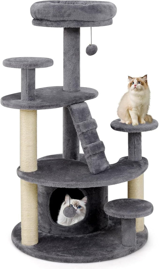 Albero per Gatti Adulti, Torre per Gatti Alta 101 cm con Condominio, Piattaforma Imbottita, Tiragraffi, Pallina di Peluche Pendente e Scala, Albero Tiragraffi in Legno per Interno (Grigio)