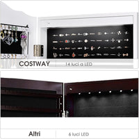 Armadietto Portagioie Specchiera per Gioielli con Chiave e Luci LED, Specchio Figura Intera da Terra, 160x41,5x37cm (Bianco)