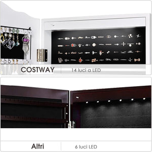 Armadietto Portagioie Specchiera per Gioielli con Chiave e Luci LED, Specchio Figura Intera da Terra, 160x41,5x37cm (Bianco)