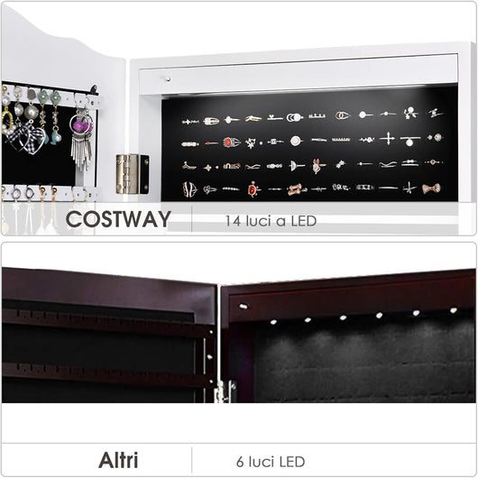 Armadietto Portagioie Specchiera per Gioielli con Chiave e Luci LED, Specchio Figura Intera da Terra, 160x41,5x37cm (Bianco)