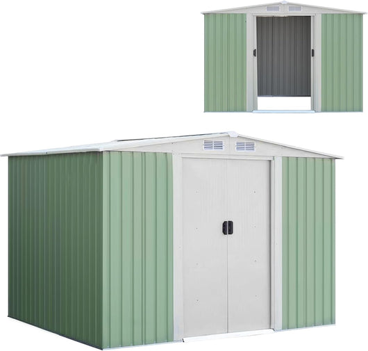 Casetta Porta Attrezzi, Capanni da Esterno con Porta Scorrevole e Tetto a Sella Galvanizzato con Ventilazione, Capannone da Giardino e Cortile, 257 x 205 x 175,5 cm