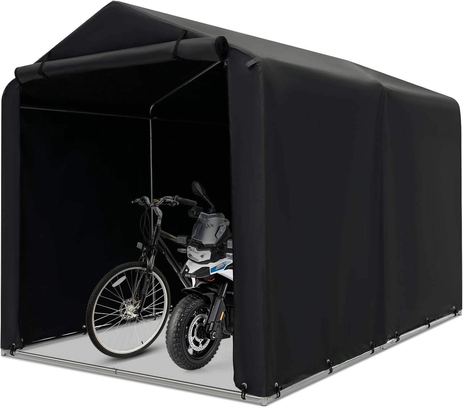Capanno di Stoccaggio per Esterni, Garage Portatile per Biciclette, Motociclette, Attrezzi da Giardino, Carport per Bici con Porta a Rullo e Cerniera, 160 x 218 x 164 cm (Grigio Scuro)