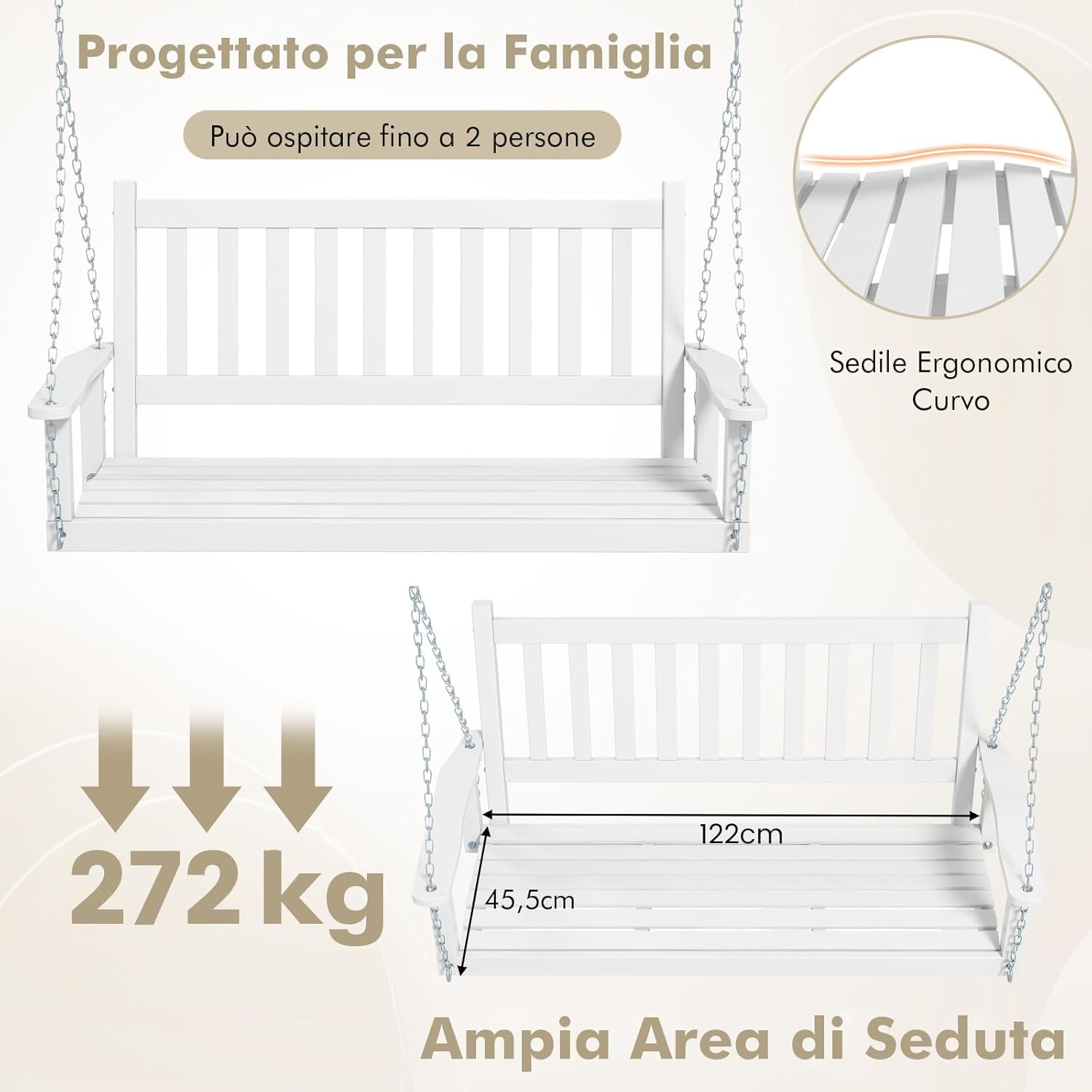 Altalena da Giardino in Legno per 2 Persone, Panchina Sospese in Legno con CapacitÃ  di Peso di 230 kg, Sedia a Dondolo per Giardino, Cortile (136 x 67 x 63 cm, Bianco)