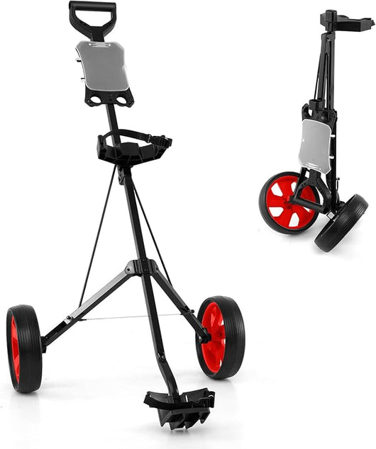 Carrello da Golf Pieghevole con 2 Ruote, Carrello da Golf in Ferro con Tabellone Segnapunti, 140 x 63,5 x 113 cm, Nero(Rosso)