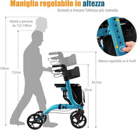 Deambulatore Pieghevole per Anziani Ultraleggero, con Sedile Borsa da Spesa e 4 Ruote Freno a Mano, Rollator Altezza Regolabile, Capacità 136kg, Lega di Alluminio, Nero (Blu)
