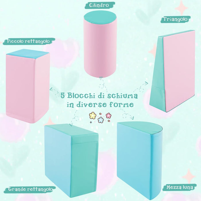 Set di 5 Blocchi con Diverse Forme e Colori, Giocattolo per Arrampicata e Strisciamento, Aiuta i Bambini a Crescere (Verde e rosa chiaro)