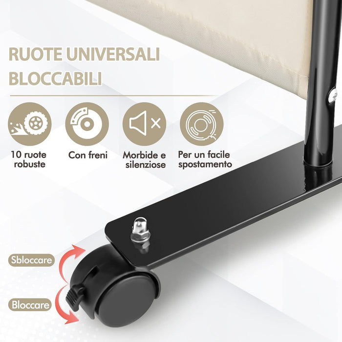 Paravento da Interno in Metallo, Separé Divisorio Interno Pieghevole con Piedini Stabili, Pannelli Divisori per Interni per Casa e Ufficio, Bianco, 225 x 173 cm, 4 Pannelli con ruote