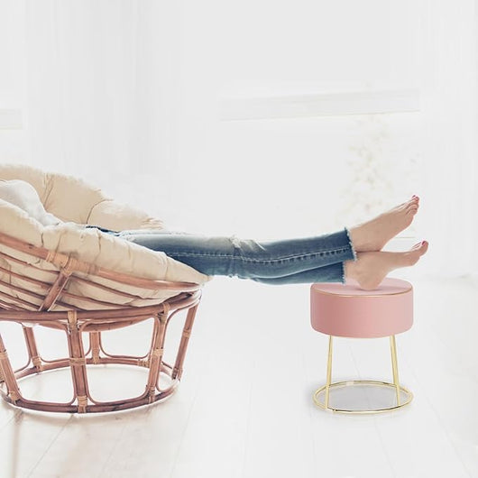 Pouf Rotondo Poggiapiedi 41cm, Sgabello Moderno da Trucco con Base in Metallo, Sedile Imbottito Spesso e Piedini Antiscivolo per Toeletta, Comodino e Divano (Rosa)
