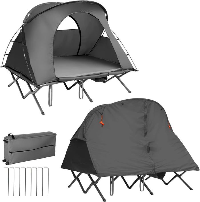 Tenda da Campeggio 4 in 1 con Letti, Copertura Esterna Impermeabile, Materasso a Gonfiaggio Automatico e Borsa di Trasporto con Rotelle, per Campeggio Arrampicata All'aperto Viaggio, Grigio