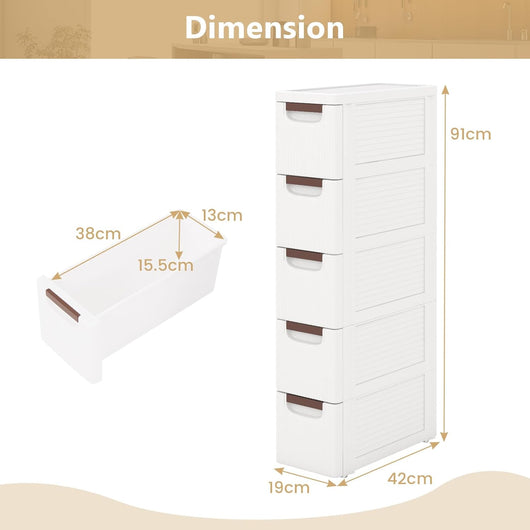 Mobiletto Stretto con Ruote, Carrello e Organizzatore Slim con 3/4/5/6 Cassetti per Spazi Piccoli, Cassettiera di Plastica per Soggiorno, Bagno, Cucina, Bianco (42 x 19 x 57 cm)