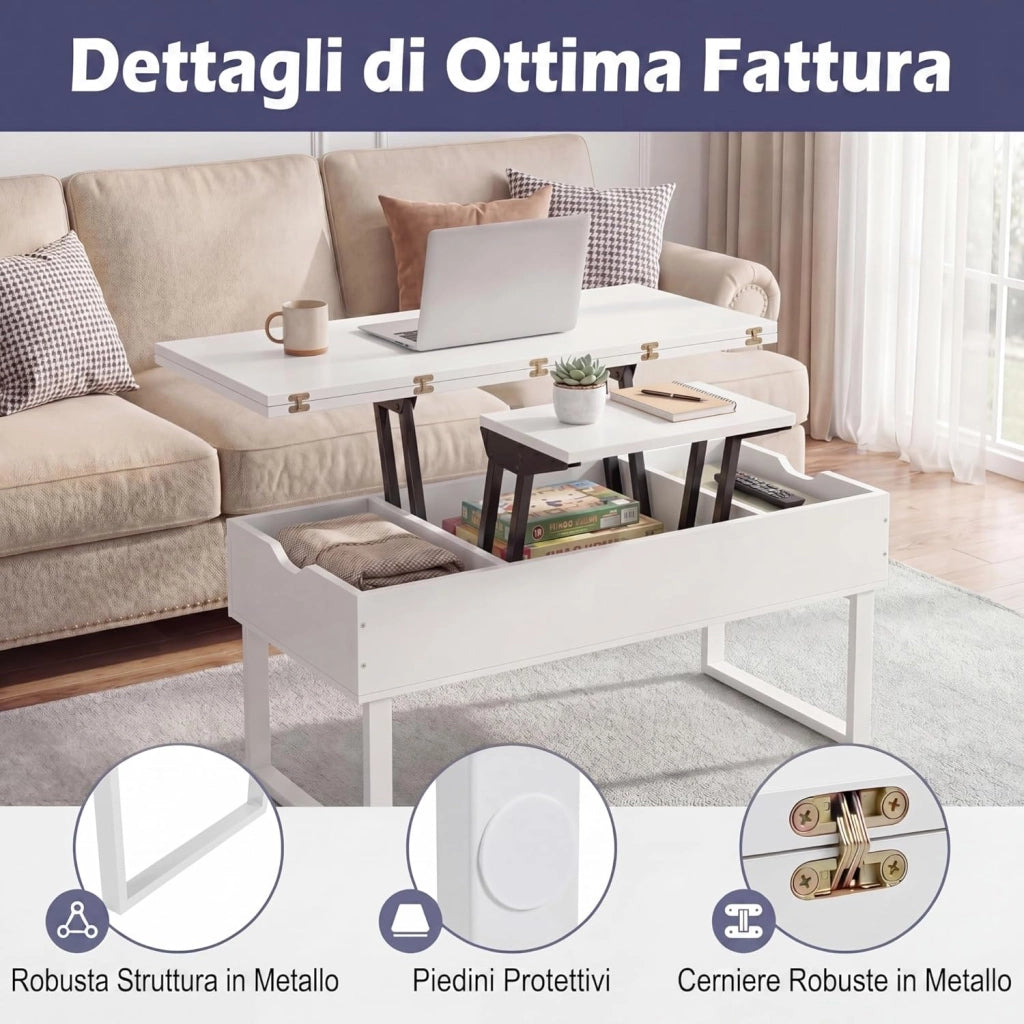 Tavolino da Caffè 3 in 1 con Piano Sollevabile, Tavolo Ausiliario Estensibile con Scomparti Nascosti, Gambe in Metallo, Tavolino Multifunzionale in Legno per Soggiorno e Sala da Pranzo (Bianco)