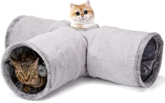 Tunnel per Gatti 3-Vie con Giocattolo a Sfera Sospeso per Gatti, Conigli e Feriti - Pelle di Canguro Grigia