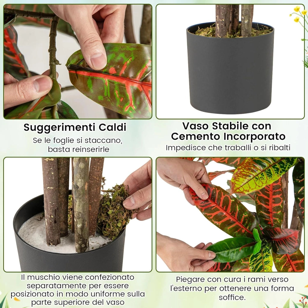 Pianta Finta di Croton 150 cm, Albero Artificiale da Interno ed Esterno, Pianta Tropicale in Vaso con Foglie Sfumate Finte, Ideale per Casa e Ufficio