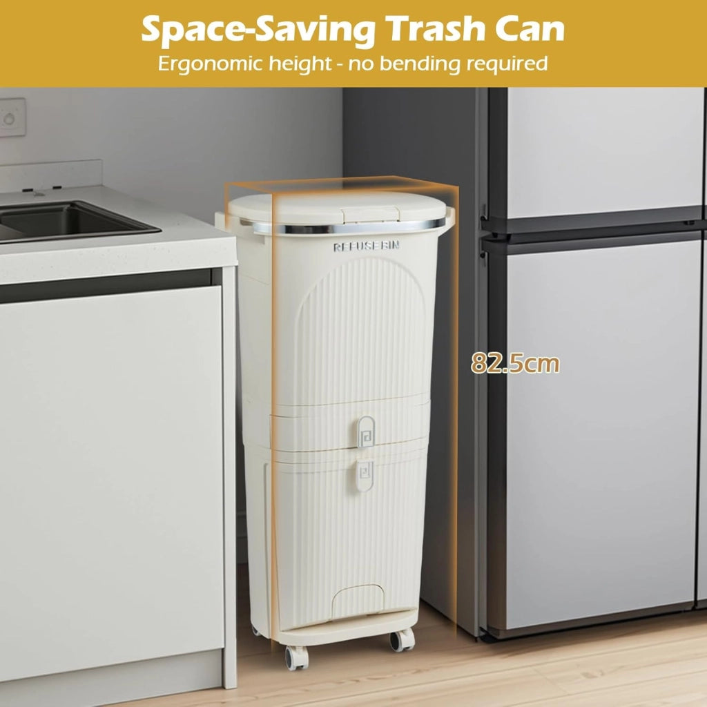 Pattumiera 38L/42L, cestino per il riciclaggio in PP con 3 scomparti, pedale, coperchio con pulsante e ruote, contenitore per cucina, bagno, ufficio (crema, 3 secchi+1 cassetto)