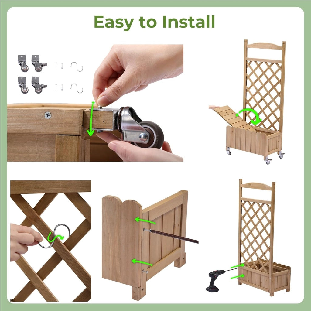 Fioriera in legno con grigliato e ruote, rialzata, resistente alle intemperie con fori di drenaggio, per giardino, balcone e terrazza, 49 x 28 x 116 cm – Marrone chiaro
