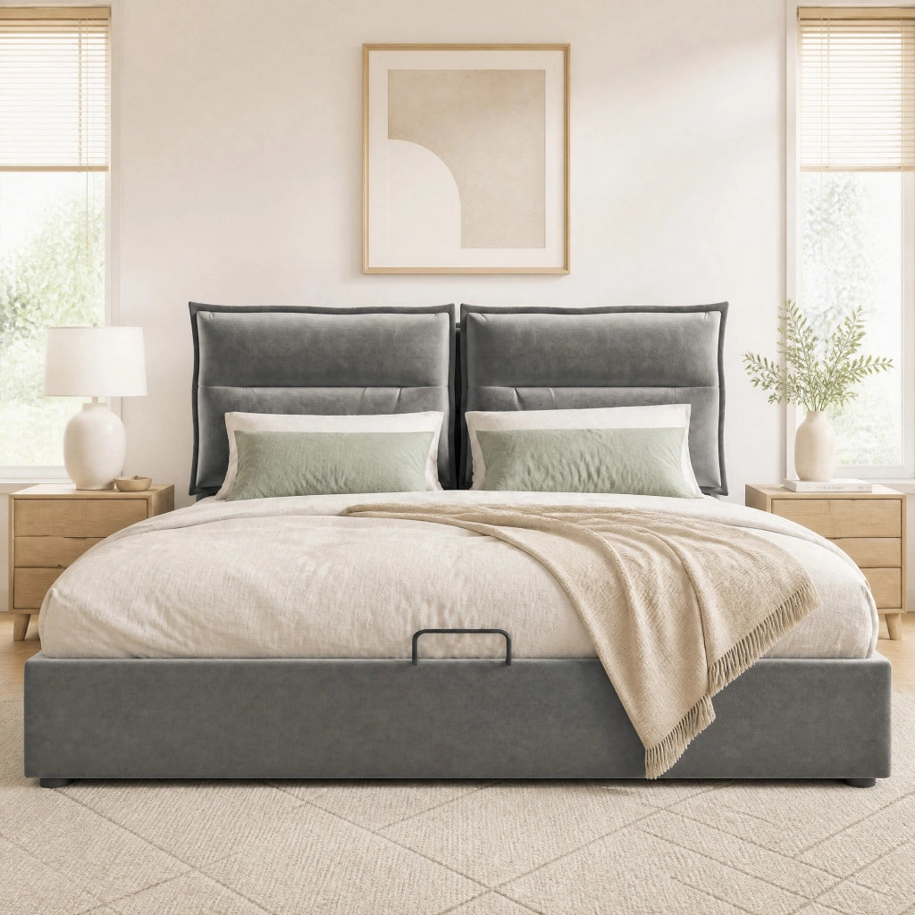 Letto matrimoniale imbottito 140x200 cm con contenitore, testiera regolabile, velluto grigio, senza materasso