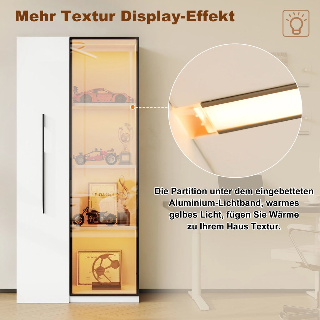 ARMADIO multifunzione 70x40x160 cm bianco con libreria estraibile e vetrina LED
