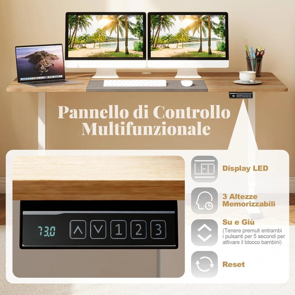 Scrivania Elettrica Regolabile in Altezza 140 x 70 cm, Scrivania per Computer con Memoria delle Altezze, Foro per Cavi, Design Anti-Collisione, Ideale per Ufficio e Casa (Legno Chiaro)