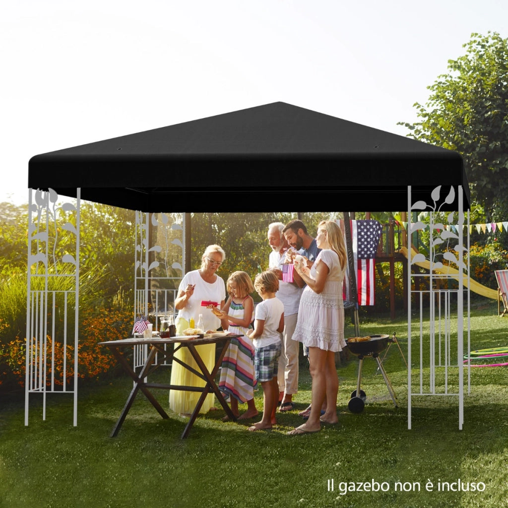 Telo tetto ricambio per gazebo da sole 3x3m con gancio e chiusura a strappo, Tessuto copertura superiore per gazebo Nero-Gazebo