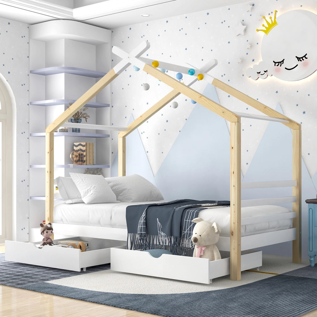 Letto a casetta per bambini con cassetti, in legno di pino e MDF, con rete a doghe, bianco, 90x200 cm