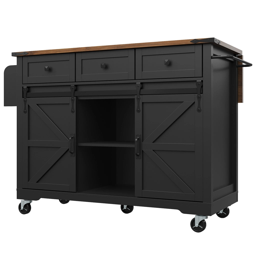 Carrello da Cucina con Piano Estraibile e Ruote ¨C MINIMAL ¨C Nero, Legno, 2 Ante Scorrevoli, 3 Cassetti