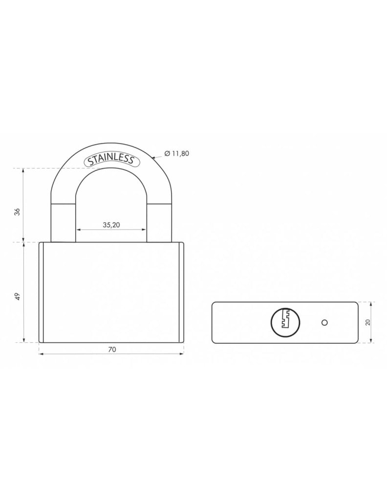 Lucchetto a chiave Rinox, 70 mm, acciaio inossidabile, esterno, arco in acciaio INOX, 4 chiavi - THIRARD