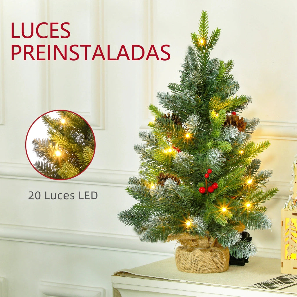 Albero di Natale da Tavolo 60 cm con 20 Luci LED ¨C Xylo ¨C Verde con Pigne e Bacche Rosse