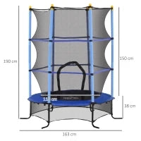 Trampolino Elastico per Bambini Ø1.6x1.9 m con Rete di Sicurezza e Pali Imbottiti, Età 3-10 Anni, Blu