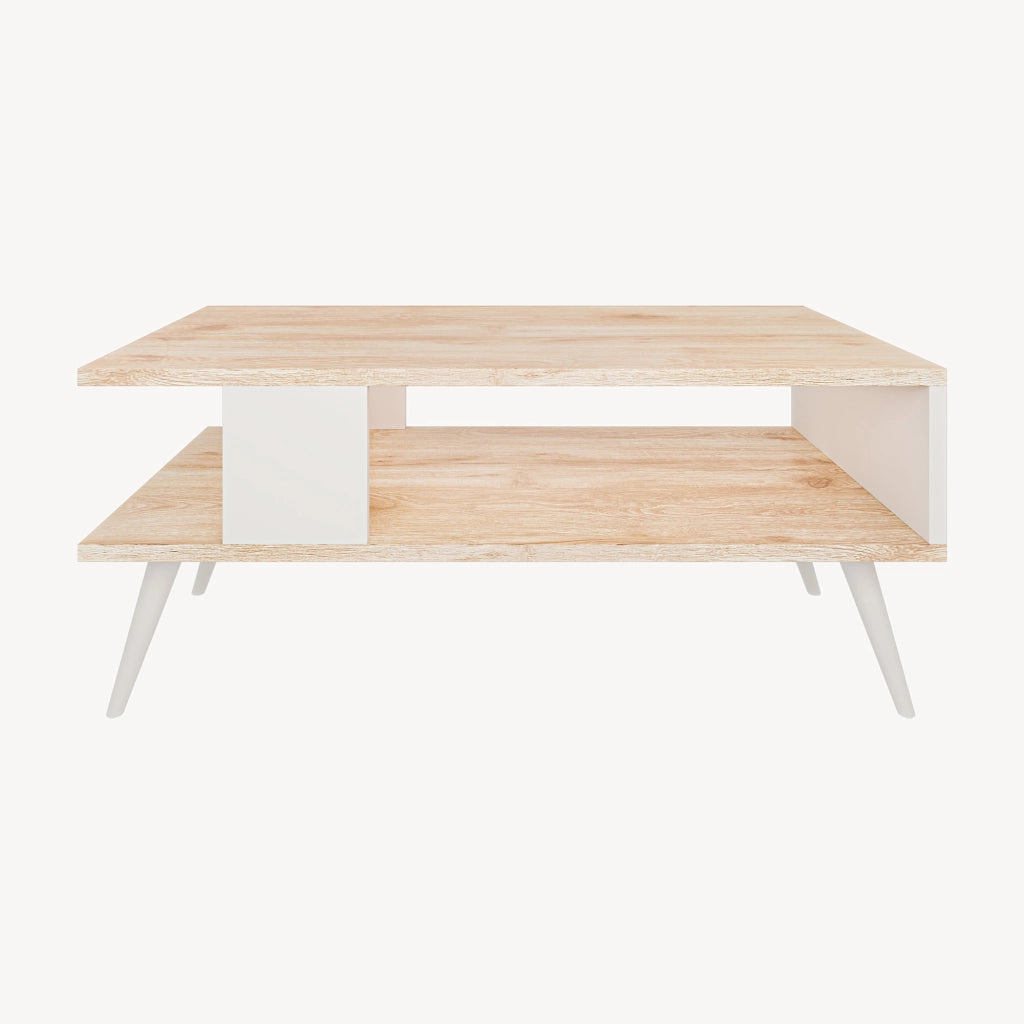 Tavolino Basso da Divano 'Lycksele' con Scomparto Semiaperto e 4 Piedini - Effetto Rovere / Bianco [en.casa]