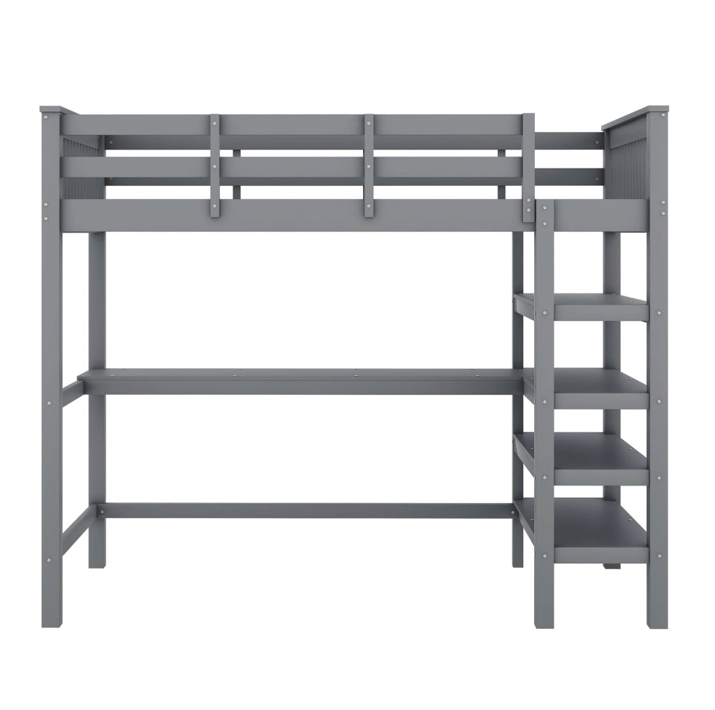 Letto a soppalco 90x200 cm con scrivania e vani portaoggetti in pino e MDF grigio