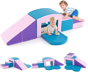 6 Blocchi di Schiuma per Arrampicata, Gioco Morbido per Bambini, Set di Costruzioni Colorate per Arrampicarsi e Strisciare con Tunnel, Scale e Rampetta per Bambini 12 Mesi + (Blu)