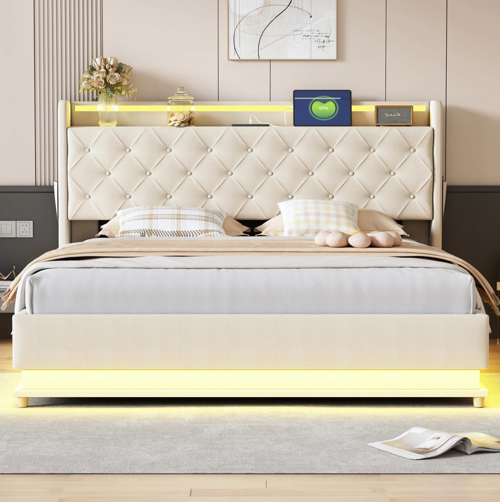 Letto matrimoniale imbottito LED 160x200 cm con porta USB e contenitore idraulico; beige
