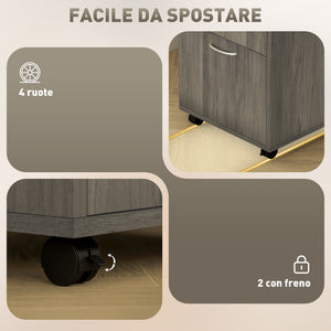 Cassettiera Portadocumenti a 4 Ruote 40x35x60 cm con Ripiano Aperto e Cassetti in Legno e Metallo Grigio