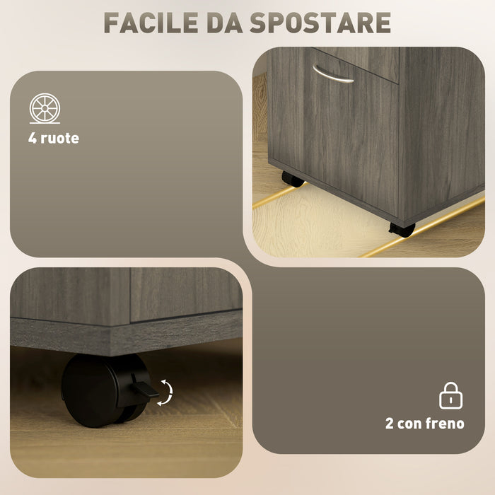 Cassettiera Portadocumenti a 4 Ruote 40x35x60 cm con Ripiano Aperto e Cassetti in Legno e Metallo Grigio