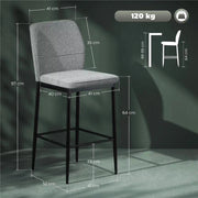 SET 2 SGABELLI BAR IN VELLUTO MODERNI CON POGGIAPIEDI E SCHIENALE 41X52X97 CM GRIGIO