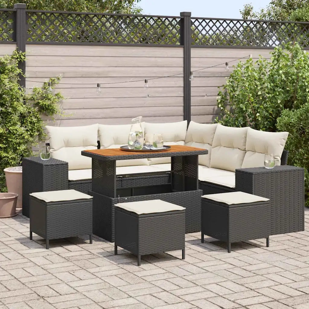 Set Divano da Giardino con cuscino 9 pcs Nero e Crema