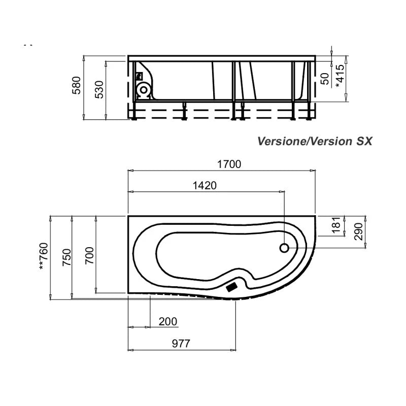 Guscio vasca 170 x 70 sx rettangolare serie genny con pannello