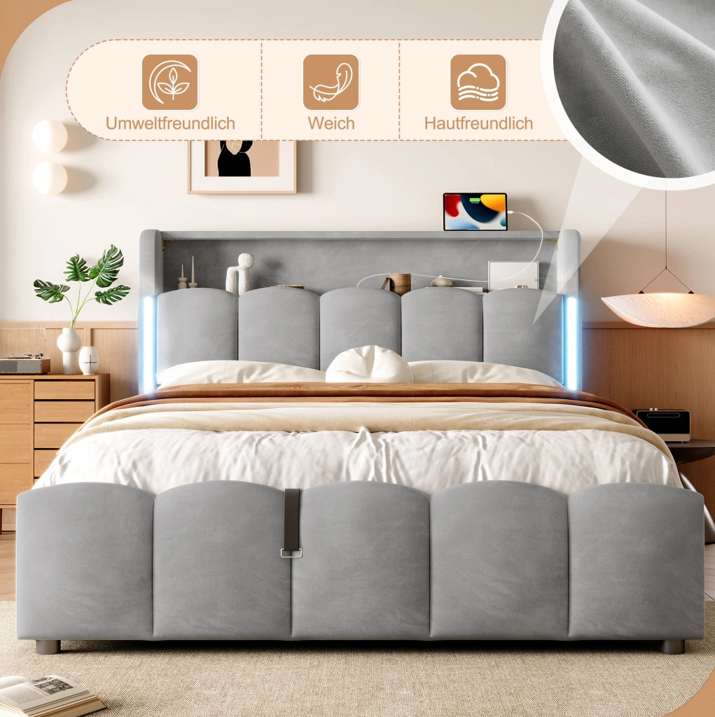 Letto imbottito 140x200 cm in velluto grigio con LED e USB