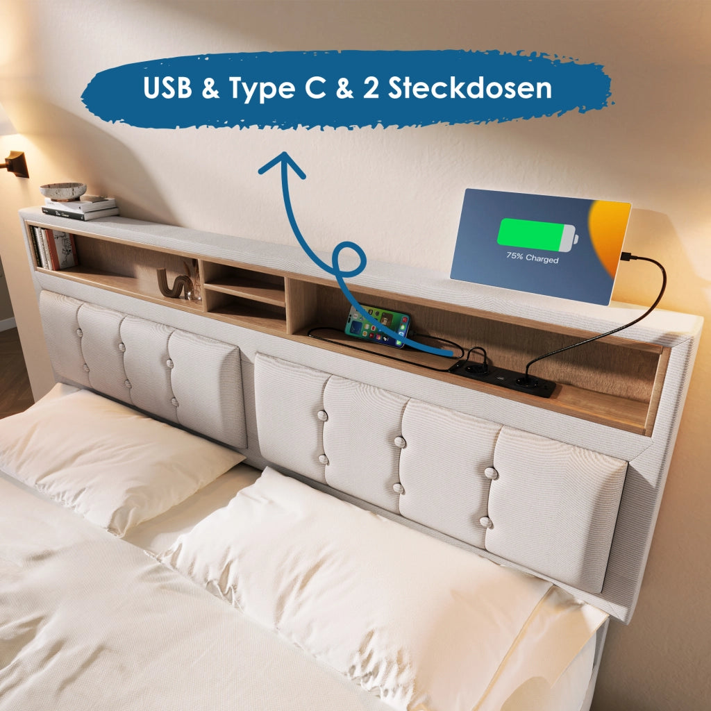 letto imbottito lino beige 140x200 cm