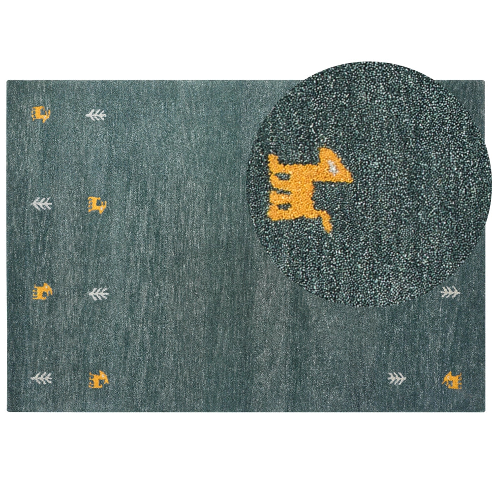 Tappeto Gabbeh in lana verde 160 x 230 cm, trapuntato a mano con motivi animali occidentali e design rustico