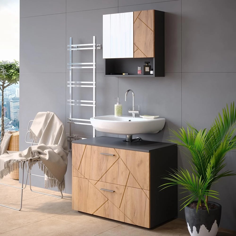 Mobile sottolavabo per bagno Irma, Quercia dorata/antracite, 80 x 58.6 cm, adatto per l'installazione sopra il sifone con aperture di aerazione