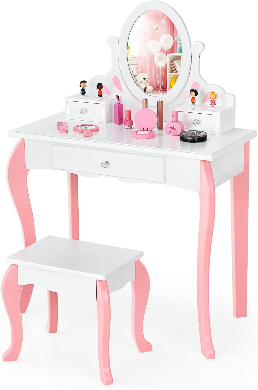 Toeletta Trucco 2 in 1 per Bambina, Specchiera Staccabile per Ragazza in Legno con Sgabello, Portapenni, Cassetto e Specchio Girevole a 360°, Postazione Trucco, 70 x 34 x 105cm (Bianco)