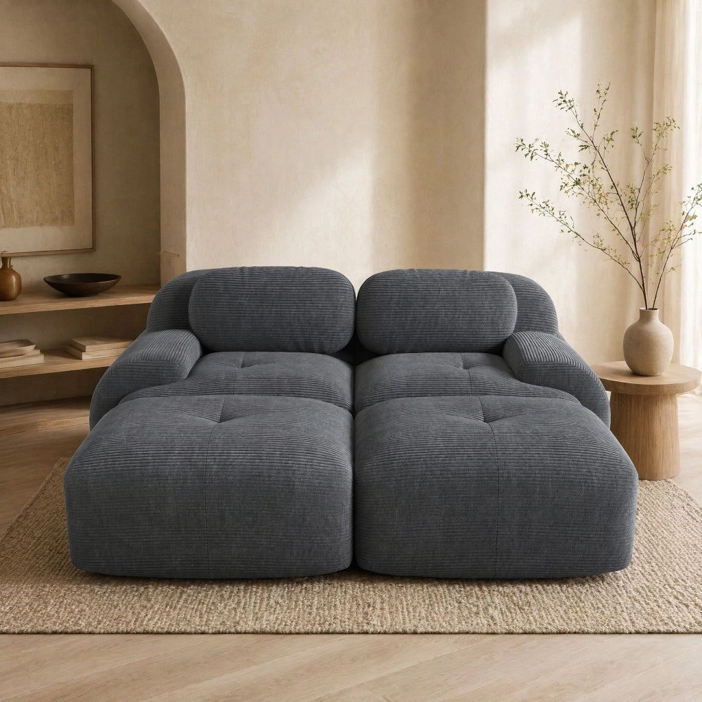 Divano angolare modulare in velluto a coste grigio; 208 x 178 x 70 cm