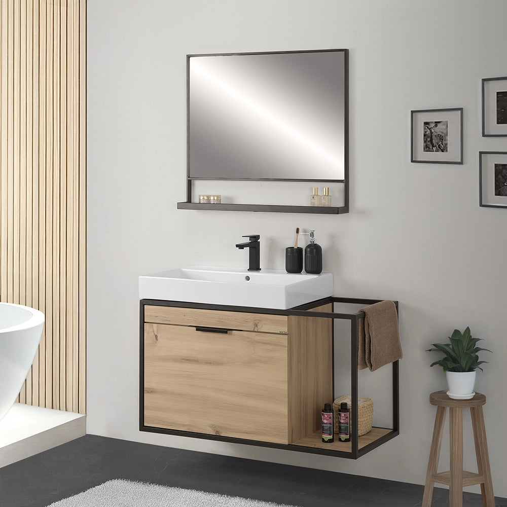 Mobile bagno sospeso 80 cm in legno e metallo nero con specchio Zante
